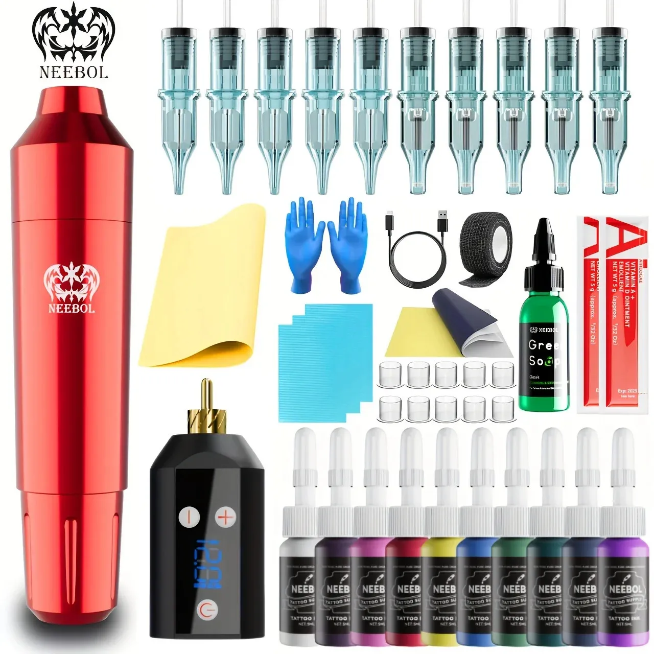 1 ensemble Neebol Kit de stylo de tatouage sans fil pistolet équipé d'une alimentation LED comprend 10 aiguilles 7 encres de couleur 240322