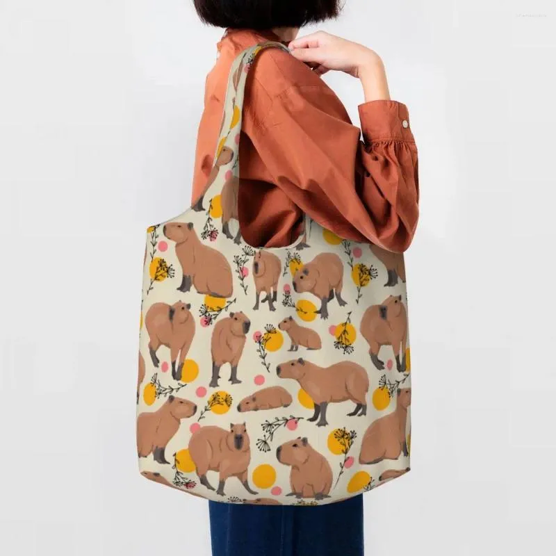 Boodschappentassen recycling capybaras doodle planten patroon tas vrouwen schouder canvas tote wasbare supermarkt shopper