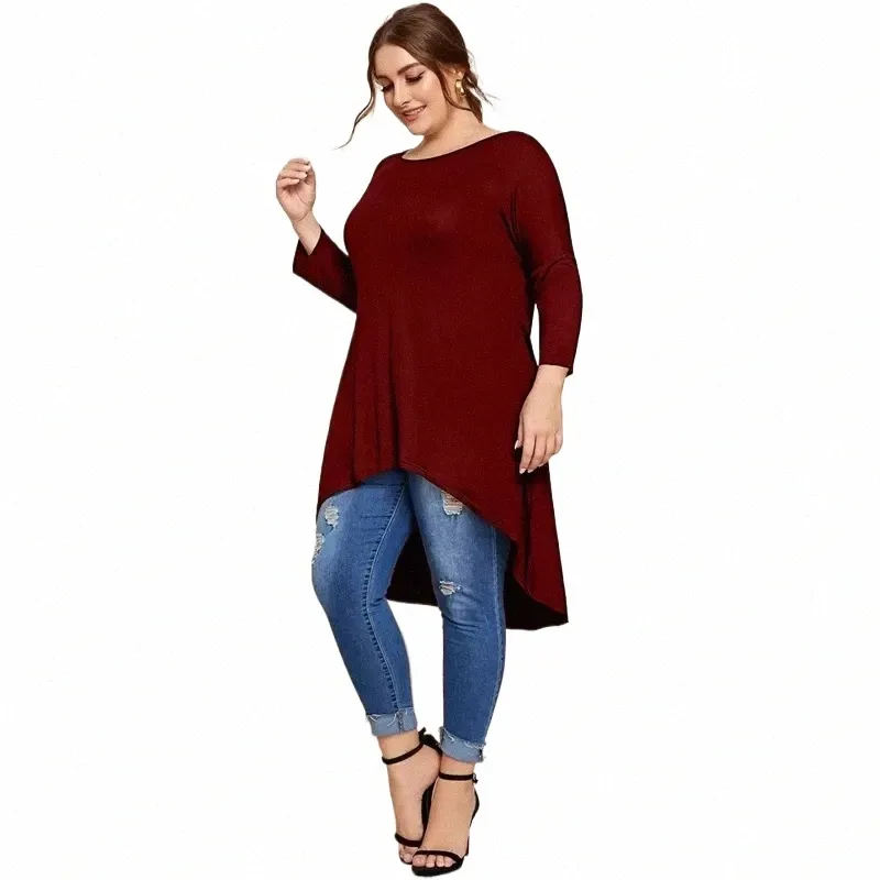 Plus Size Vêtements Femmes Quarters Manches Lg Lâche Asymétrique Salut Low Tops Solide Rouge Casual T-shirt Tuniques Fi Blouse 6XL 40Wg #