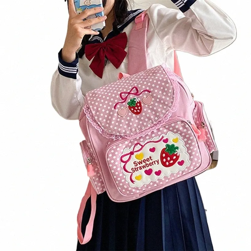 Kawaii Kids School Bag Cute Strawberry Embroidery Student Mochila Dots Multi-Pocket Nyl Fi College for Teenager Girl 60la#