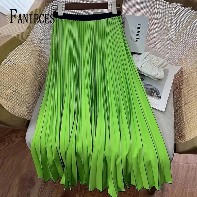 Skirts FANIECES Women Basic Solid Color Pleated Long Skirt Fashion All-match A Line Folds High Waist Spring Casual Ropa Femenina