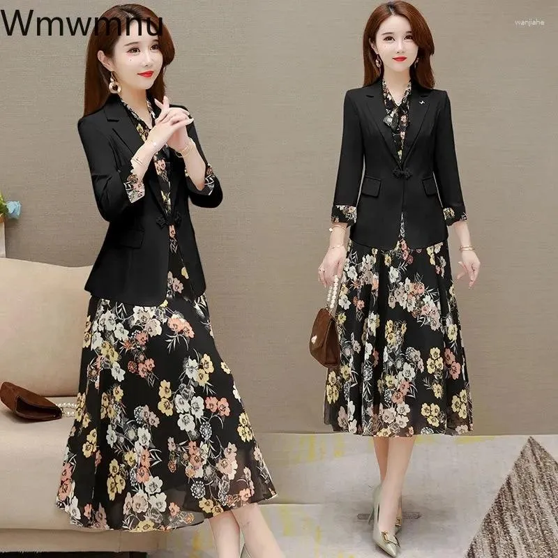 Work Dresses Women 2 Piece Set Elegant Floral Dress Suits Office Lady Korean Thin Unlined Blazer And Sleeveless Print Casual Outfits