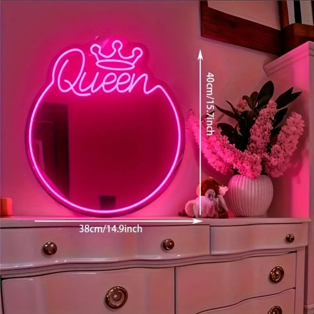 drottning neonskylt, monterad LED -makeupspegel, kreativ väggspegel för korridor, vardagsrum, sovrum, badrum, hemdekorationer