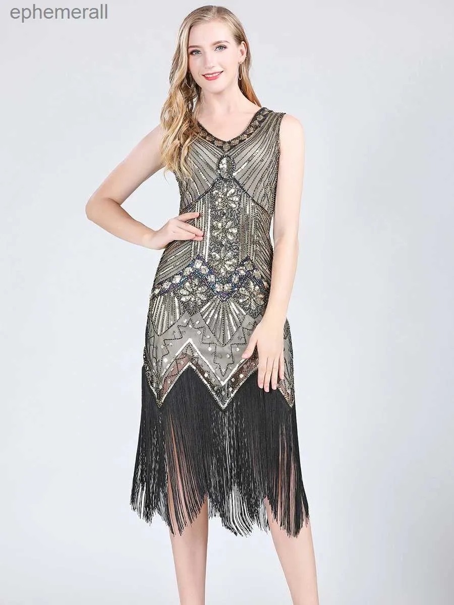 Urban Sexy Dresses Women 1920s Vintage Great Gatsby Dress Double V-Neck ärmlös pärlstruckad paljett Tassel Art Deco Flapper för Party YQ240330