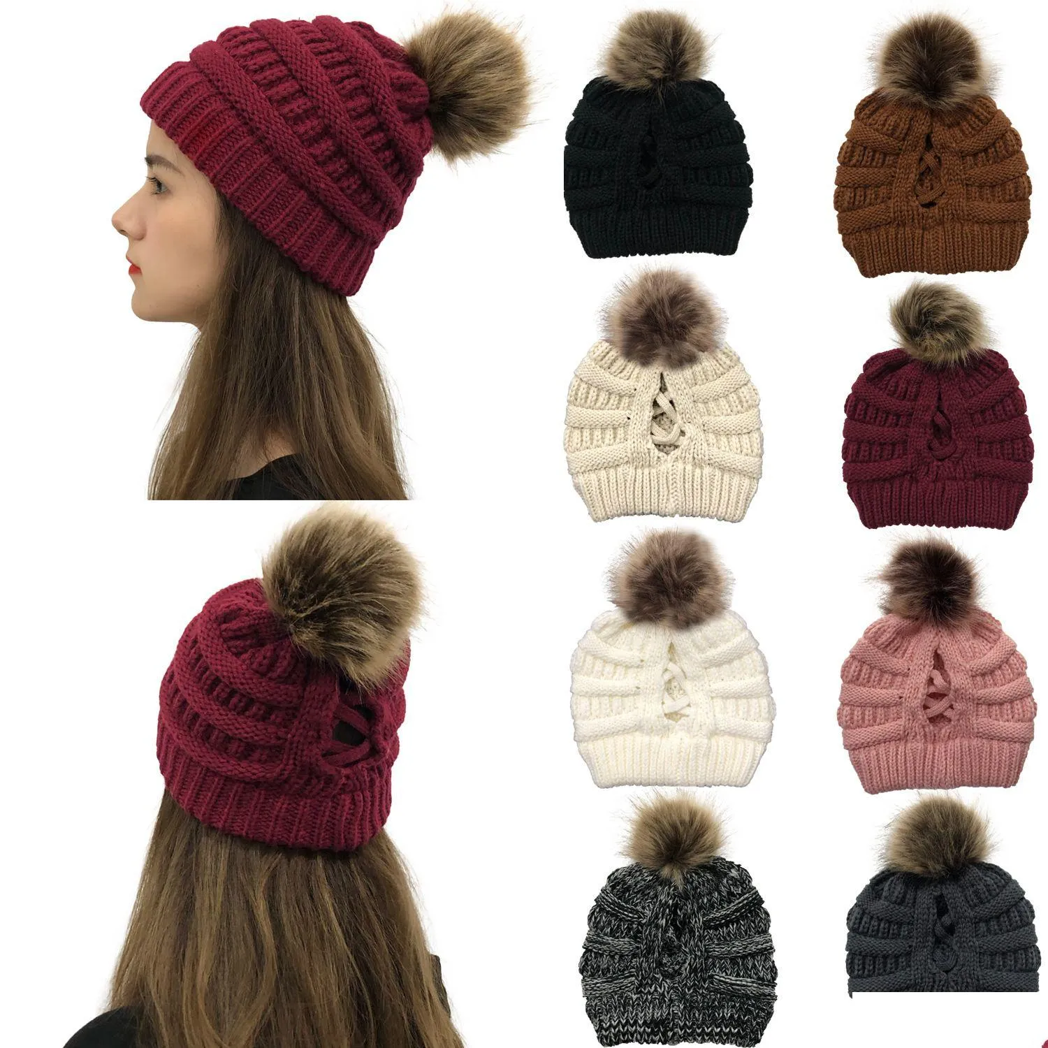 Beanie/Skull Caps 2021 New Ponytail Messy Bun Beanie Donna Cappello a costine Cap Ball Top Spessa lavorata a maglia Scaldaorecchie Warm Sl Dual Purpose Drop Dhsga