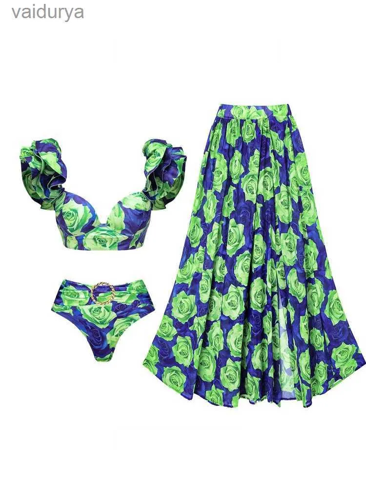 Женские купальники 2024 Новый зеленый цветок с разрезом женская накидка и сексуальный цельный женский купальник из двух/трех частей пляжные купальные костюмы yq240330