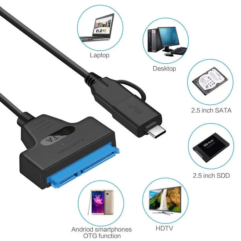 Новый 2024 USB3.1 до SATA Easy Drive Cable Type-C USB3.0 Двух в одном кабеле жесткого диска 50CMFOR TYPE-C USB3.0 Двух в одном адаптерном кабеле адаптера жесткого диска.