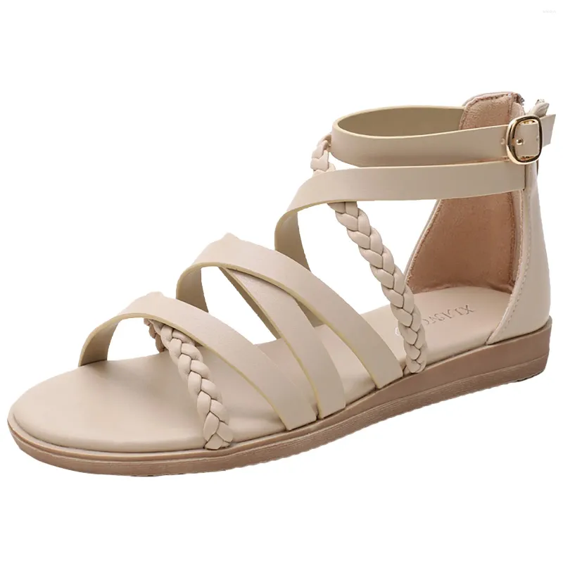 Sandalen Dames Chic Grote Zomer Geweven Romeinse Boheemse Rits Platte Dunne Band Dames Onderkant Strandschoenen