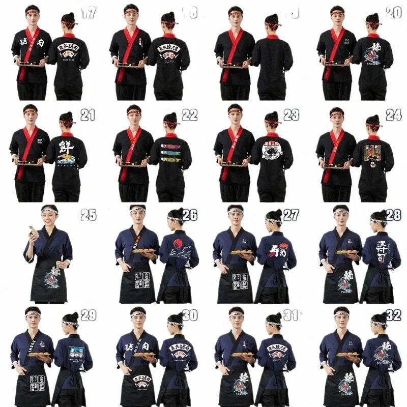 1 Juego de uniforme de cocinero de estilo japonés con abril Unisex Kimo Servicio de comida Chef Tops Pantalones Restaurante de sushi Camarero Trabajo Monos h8pj #