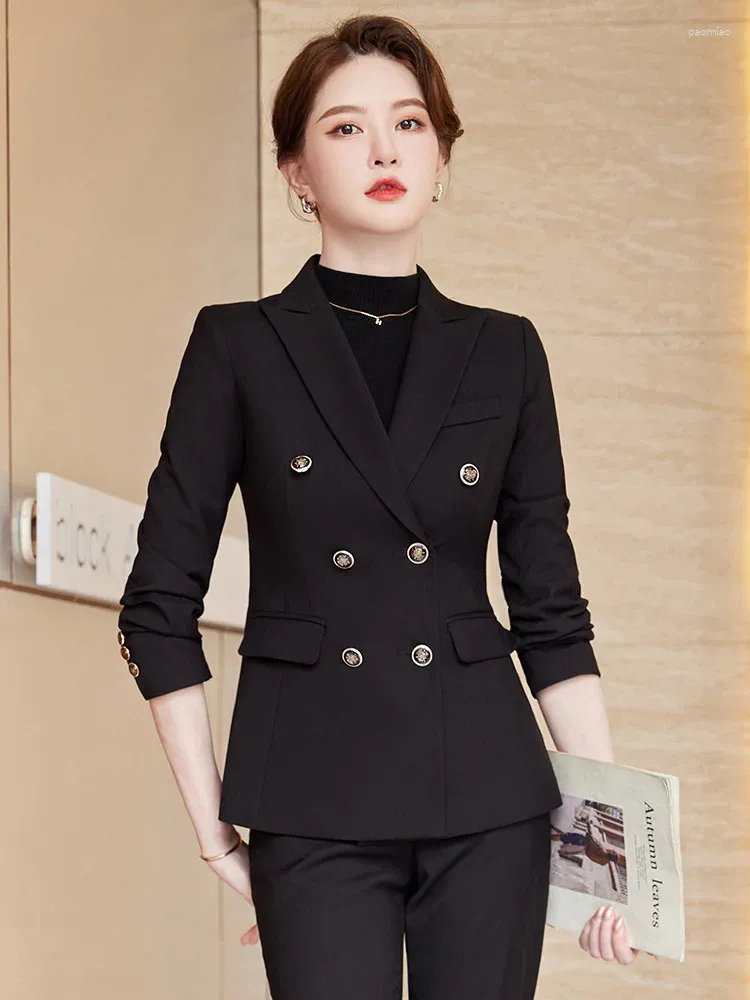 Kvinnors tvåbitar byxor High-End Business Suit Fall Winter Fashion Design Double-Breasted Jacket Formell arbetskläder Elegant