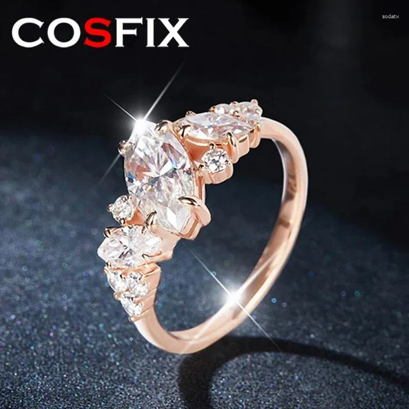 Cluster Rings Cosfix D Color Women Moissanite Ring 925 Silver Marquise Cut for 1CT Luxury Rose