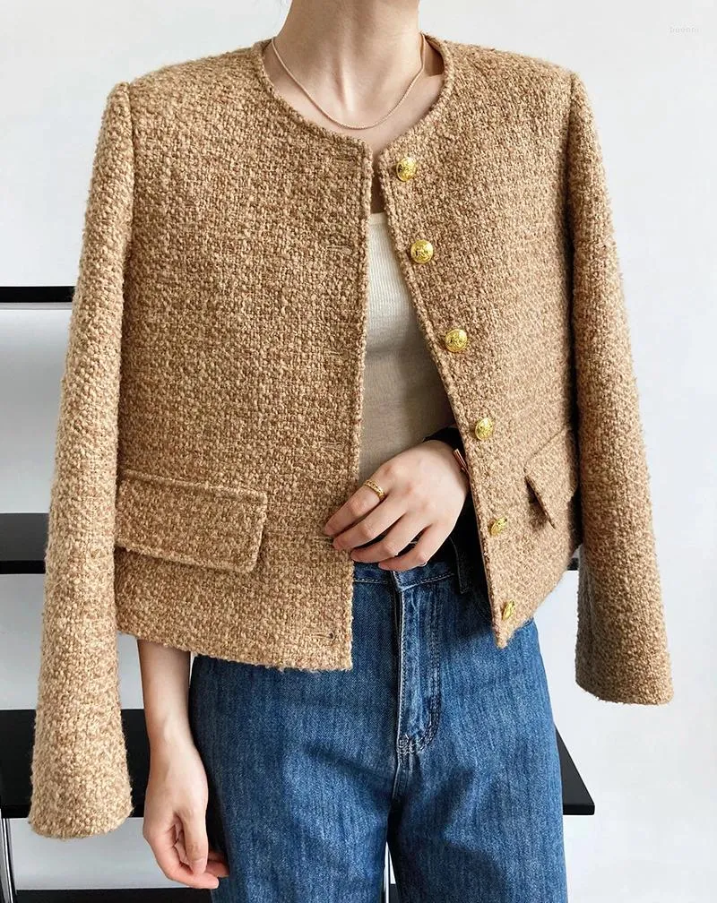 Womens Jackets 2024 Premium Luxury Tweed Jacket Women Spring Fall Round Neck Gold Button Cropped Tops French Retro Yellow Short Wool Coat From 29 79 DHgate