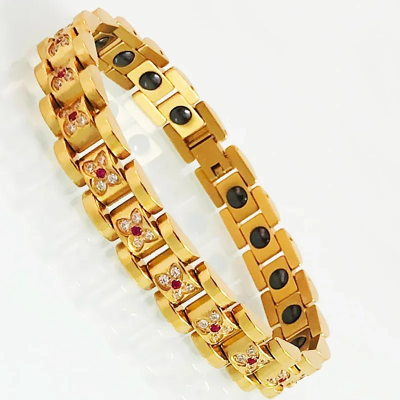 Armbanden Gold vergulde roestvrijstalen gezondheidszorg Therapeutische magnetische armband voor vrouwen CZ Crystal Rhinestone Polsband vrouwelijke sieraden
