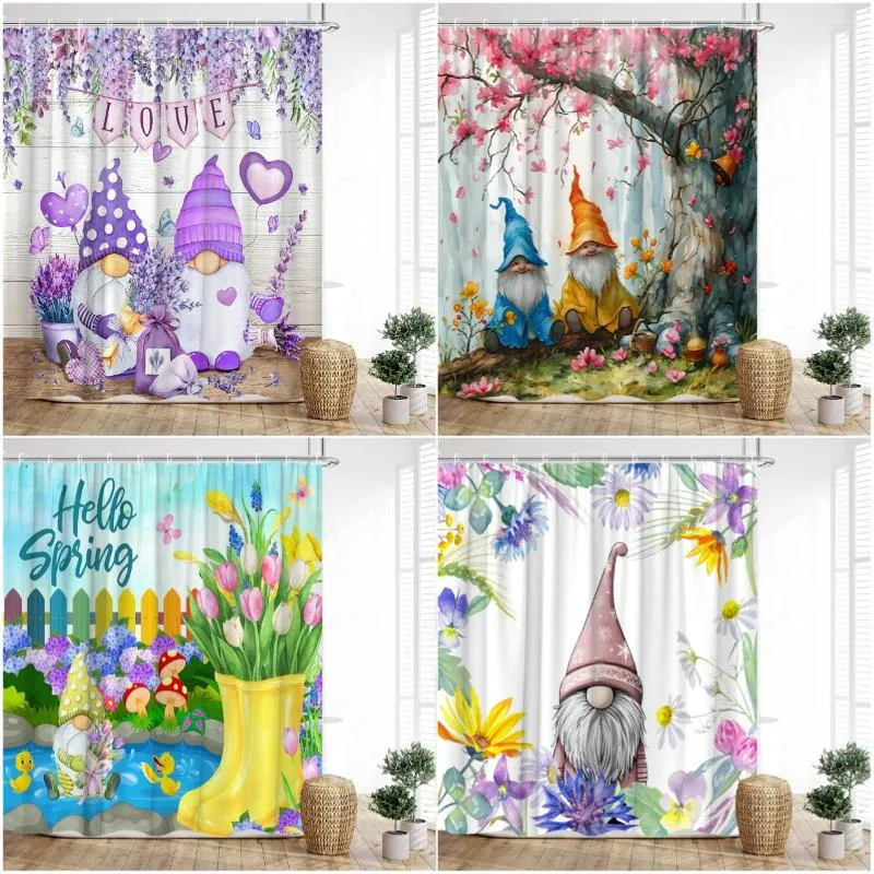 Duschvorhänge Frühling Elf Vorhang Gnome Aubergine Sonnenblume Blume Bauernhof Planke Cartoon Niedlich Druck Familie Badezimmer Dekor mit Haken