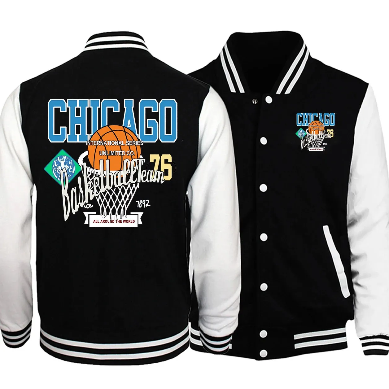 CHICAGO Baloncesto Impresión Hombres Chaquetas Hip Hop Moda Casual Bomber Coat Suelto Invierno Otoño Masculino Transpirable Uniforme de Béisbol 240321