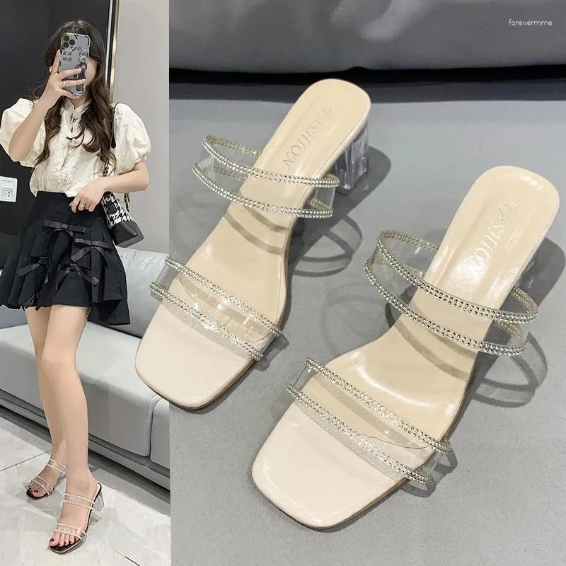 Tofflor Fairy Feng Shui Diamond Open Toe Sandaler Kvinnor 2024 Summer Transparent High Heel Thick Crystal Outwear Women Shoes