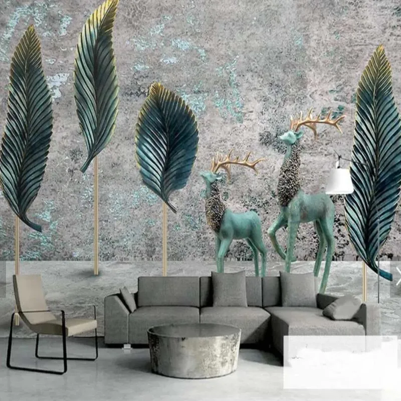 Fonds d'écran 3D Mural Vintage Rétro ELK Animal Arbre Feuille Feuille Fer Art Papier Murales Salon Décor Paysage