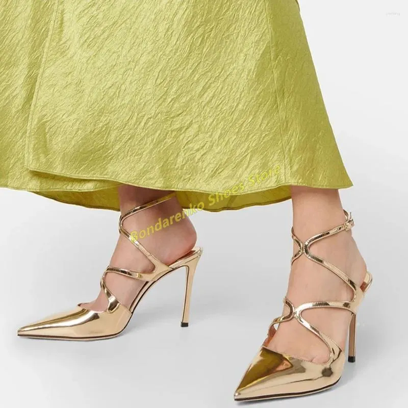 Kleid Schuhe Gold Metallic High Heels Spitze Zehen Knöchelriemen Pumps Kreuz Dünne Ferse Runway Fashion Solid