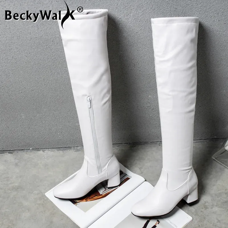 Boots Classic Thigh High Boots Women Autumn Winter Square Middle Heel Over The Knee Boots Balck White Shoes Woman Plus Size 45 WSH3699