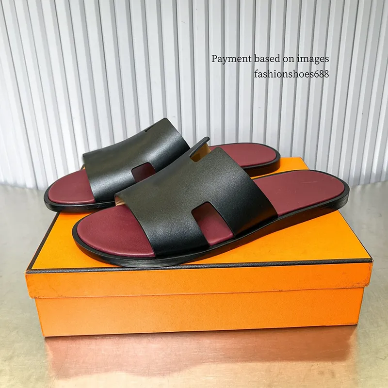 Czarny burgundowy skórzany kolor blokujący kapcie męskie Summer Flat Bottom Wygodne wygodne kapcie luksusowe uczucie Nowe sandały rozmiary 39-48 +pudełko