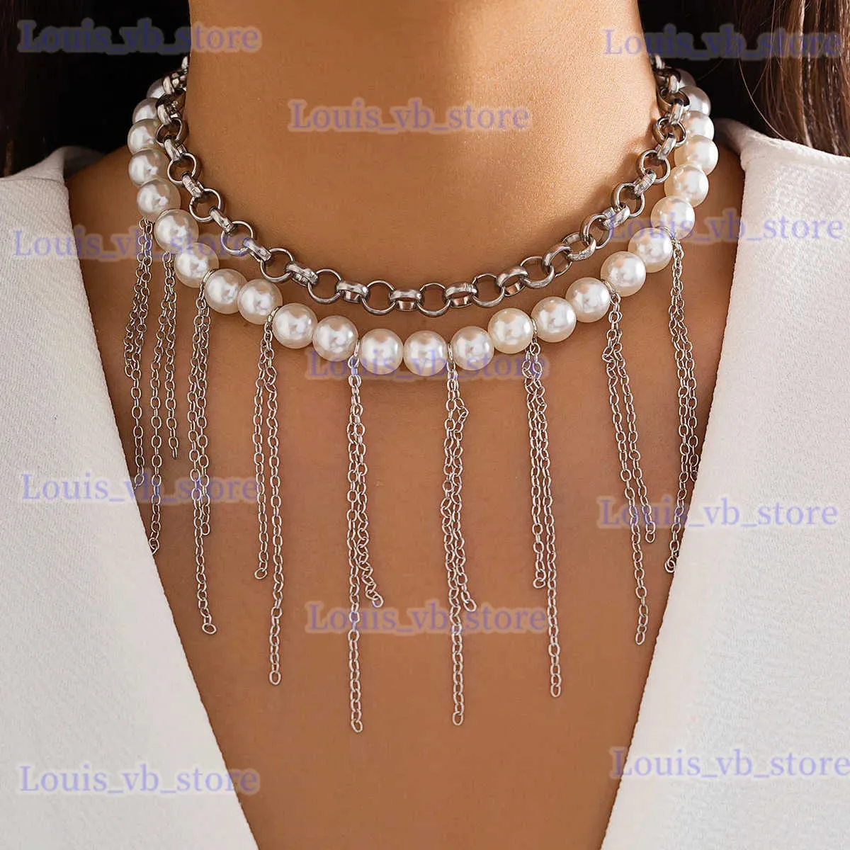 Pendanthalsband Vintage Tassel Pendant CLAVICLE NECKLACE Women 2023 Multi Layered Simple and Sweet Imitation Pearl Beaded Girl Fashion Jewelry T240330