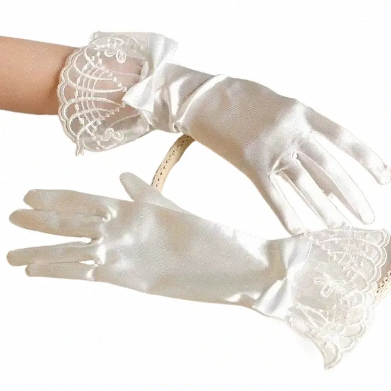 wedding Date White Satin Lace Short Gloves Ladies Bride Accories w67N#