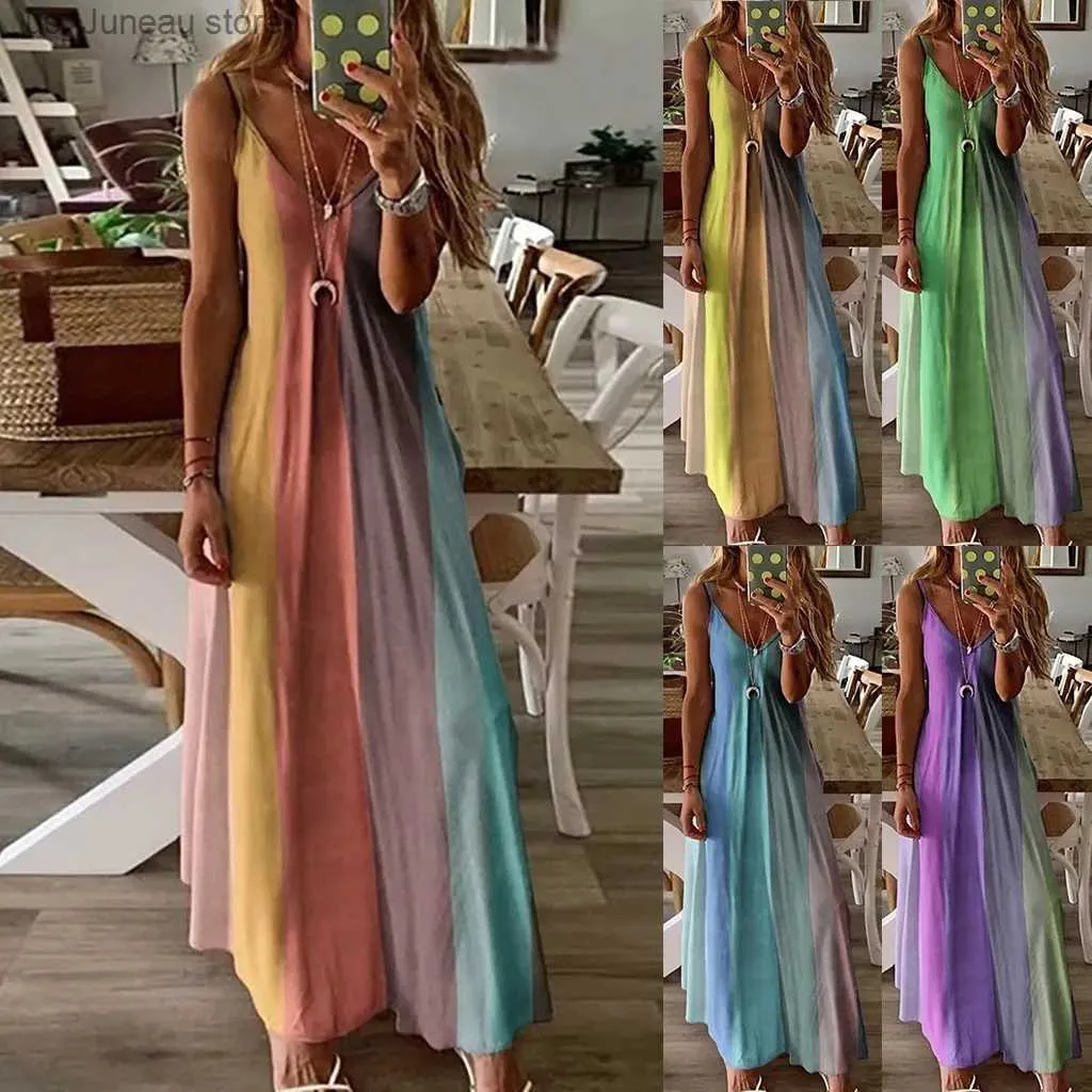 Temel gündelik elbiseler kadın bayanlar artı boyutu gevşek elbise gündelik slveless v-collar uzun robe boho gökkuşağı renkleri çizgili maksi elbise vestido balo t240330