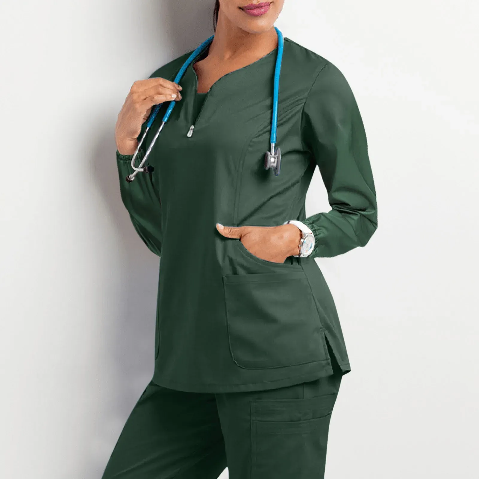 Save Big on Bulk Scrubs Uniforme Uniform Blouses: Women's Long Sleeve Scrub  Tops With Zipper V Neck Solid Color Clinic Tunic For Healthcare