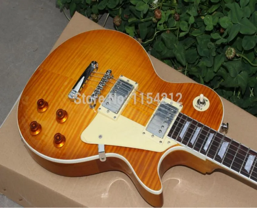 プロモーション1959 VOS Reissue Standard R9 Flame Maple Top Amber Sunburst Electric Guitar Mahogany Body Chrome Hardware WhitePear1589529