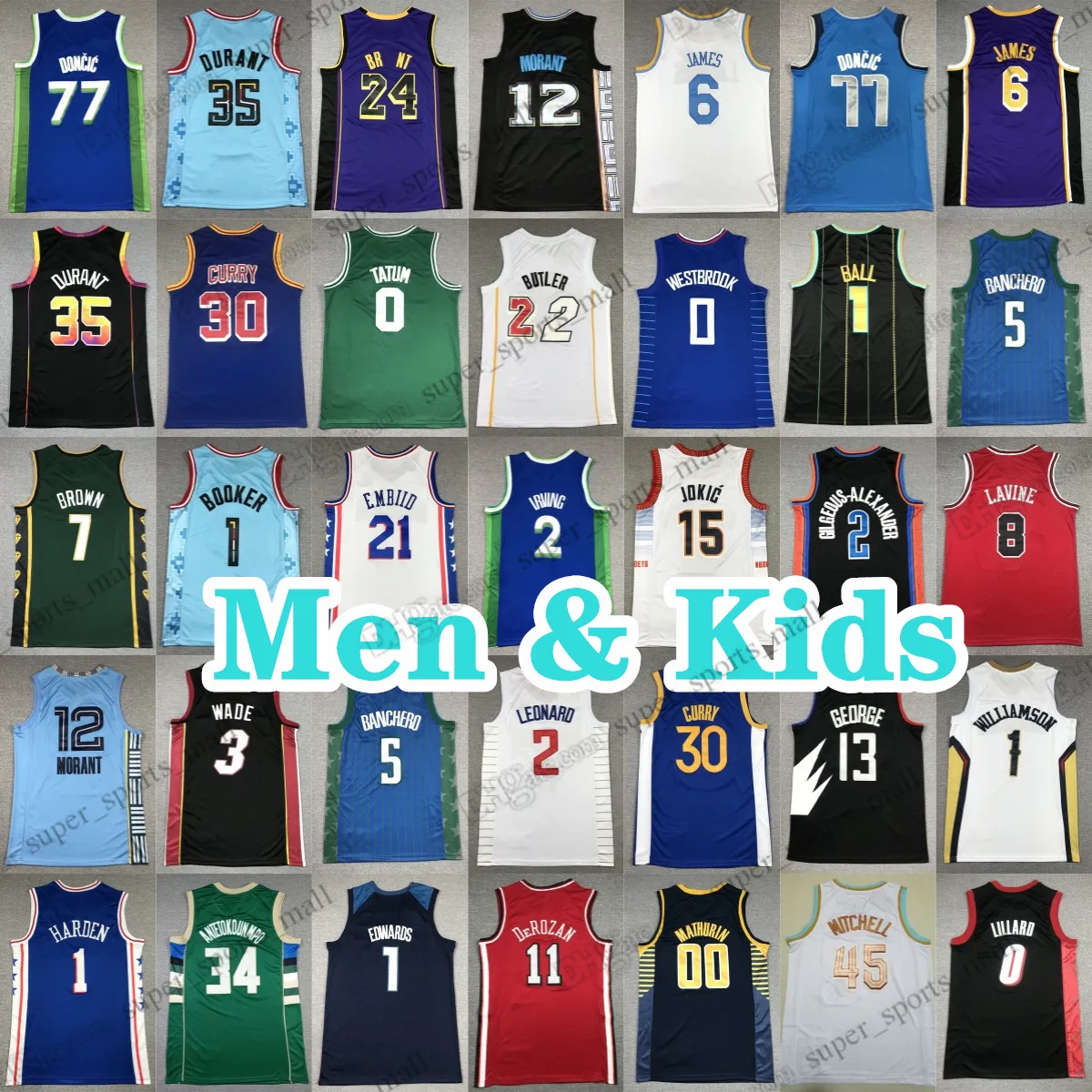 Hommes Kids Basketball Jerseys 11 Derozan 9 Vucevic 77 Doncic 5 Murray Fox 30 Curry 23 James Stephen 0 Jayson Tatum 1 Lamelo Ball 12 Ja Morant 35 Kevin Durant Damian Lillard