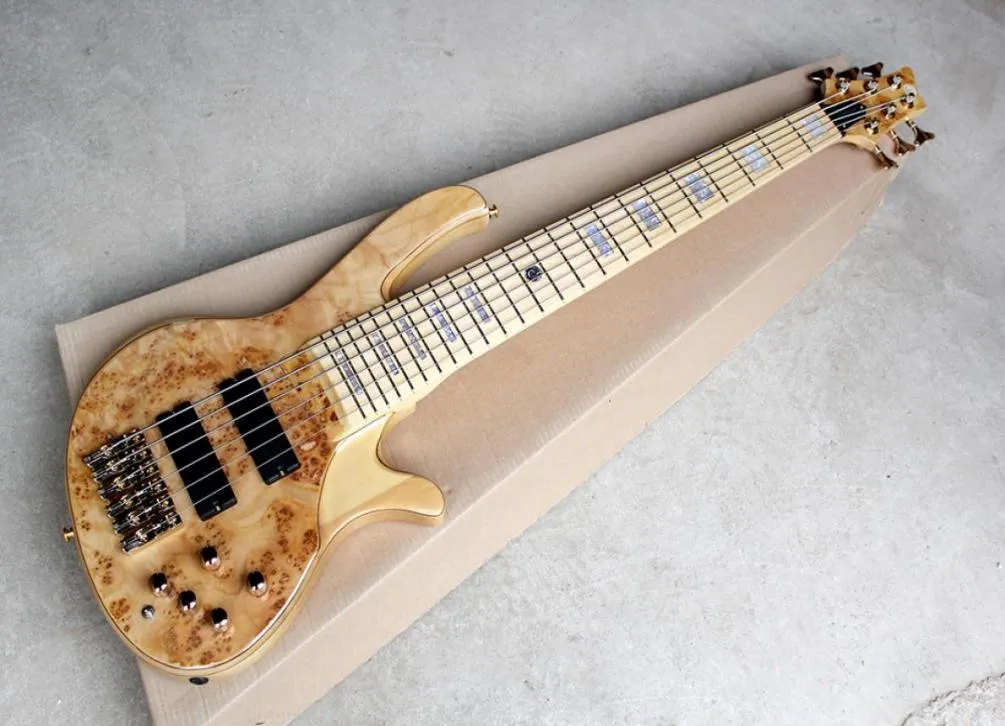 Fabriksanpassad naturlig träfärg 6String Electric Bass Guitar med Burly Grain VeneerGold Hardwaresmaple Fingerboardoffer CUS1326400