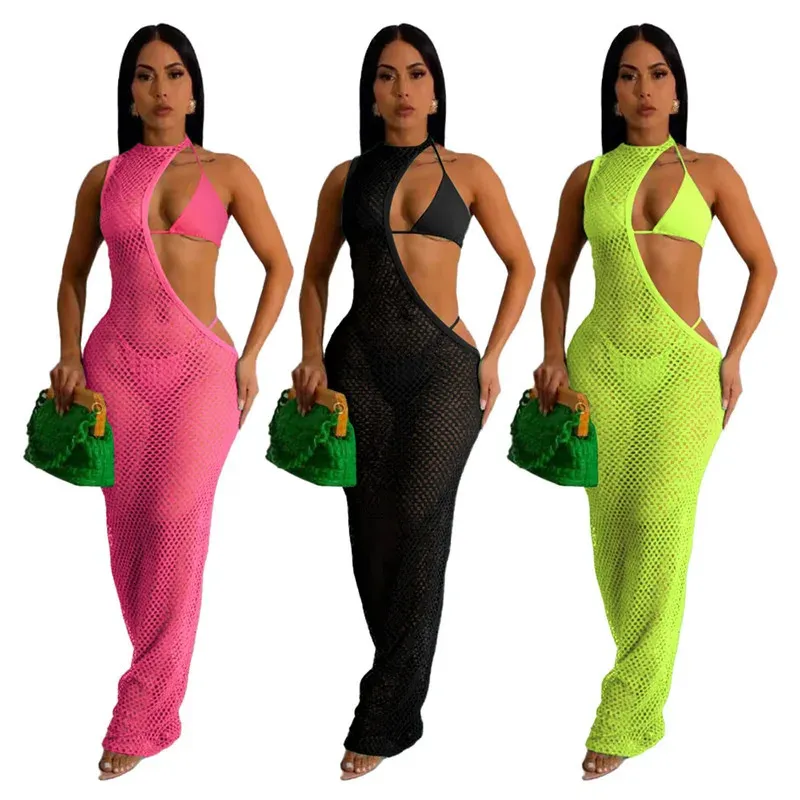 Klassische Kleidung für Damen, sexy, 3-teiliges Set, Fischernetz, Neckholder, One-Shoulder-Kleid und Bikini, Strand 240326