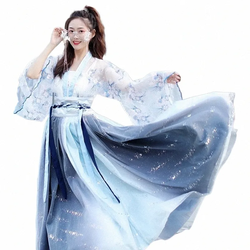 Mavi Nakış Dans Kostümleri Hanfu Kadın Çin Peri Dr Şarkıcılar Festivali Rave Kıyafet Bayanlar Performans Giyim DC3193 V9VH#