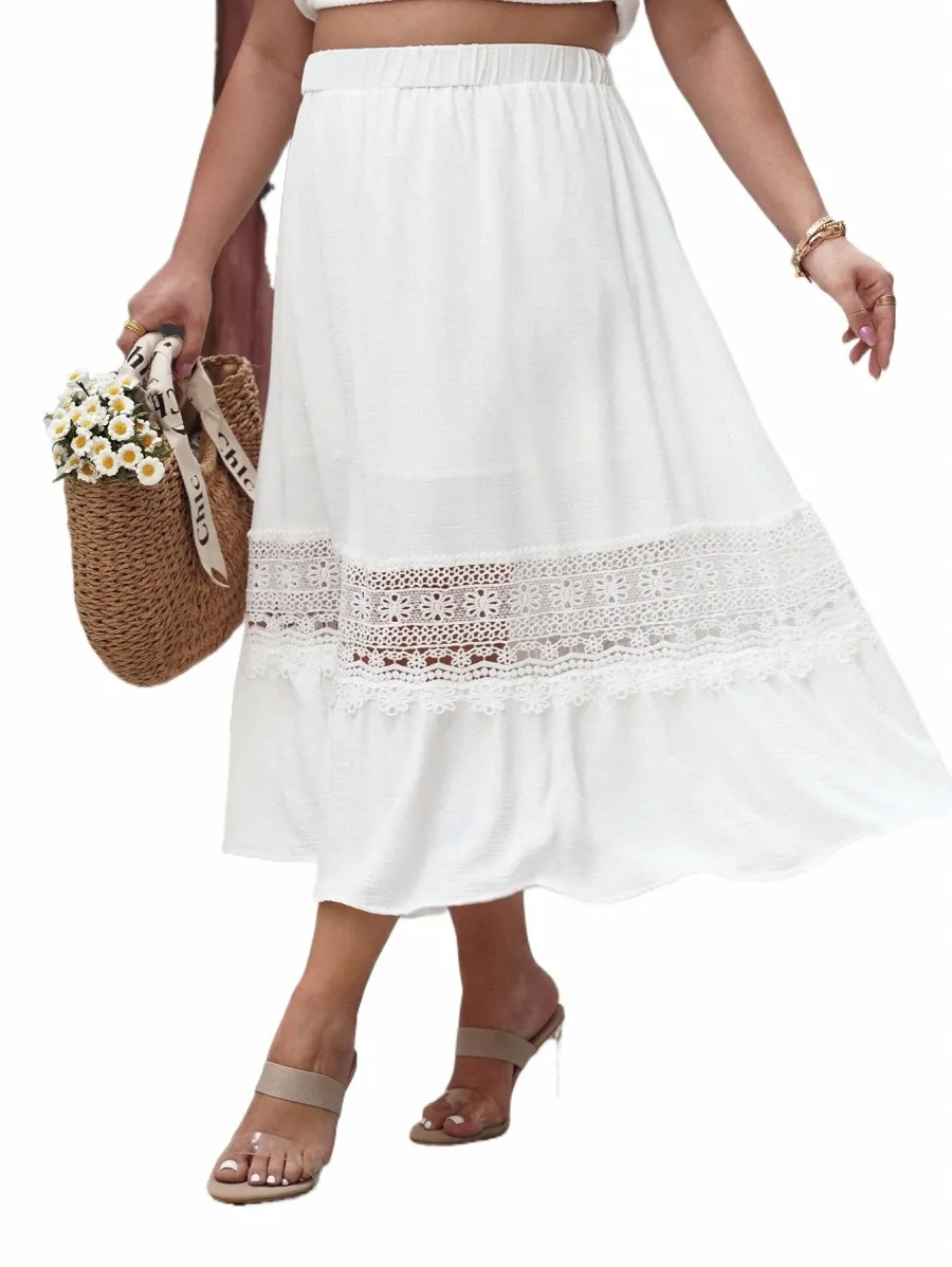 Nueva primavera verano más tamaño poliéster falda midi cintura alta elegante ahueca hacia fuera fiesta danza falda playa casual blanco lg faldas f2kf #