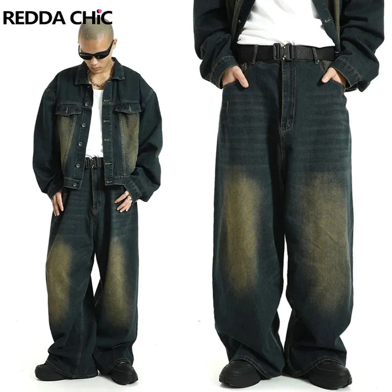 REDDACHiC Tamaño grande Green Wash Skater Hombres Baggy Jeans Ajuste-cintura 90s Vintage Y2k Pantalones anchos Pantalones de hip hop Ropa de trabajo informal 240320