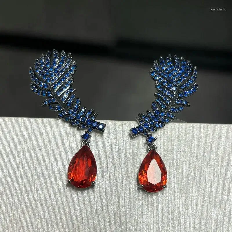 Boucles d'oreilles pendantes bilinéaire mode feuille bleu Royal avec boucle d'oreille en Zircon rouge Danling pour les femmes