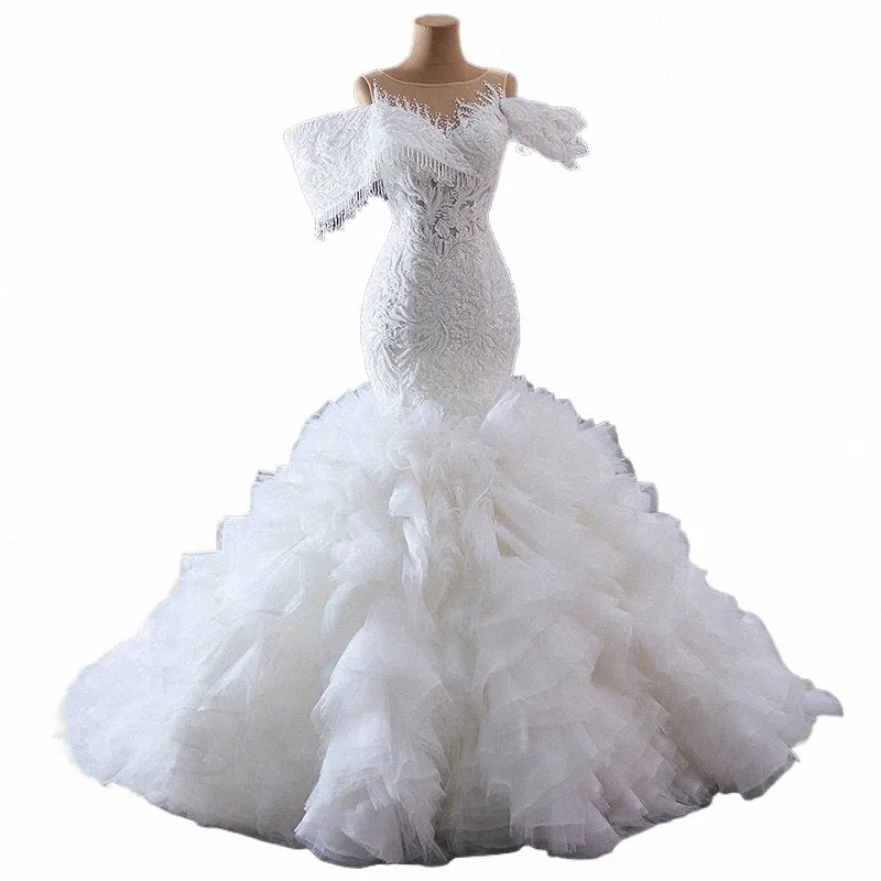 Exquisite Internatial Hochzeitsanzüge für Frauen Oansatz Meerjungfrau Schnürung Oansatz Stickerei Quaste Vestito da Sposa RSM241016 32G9#