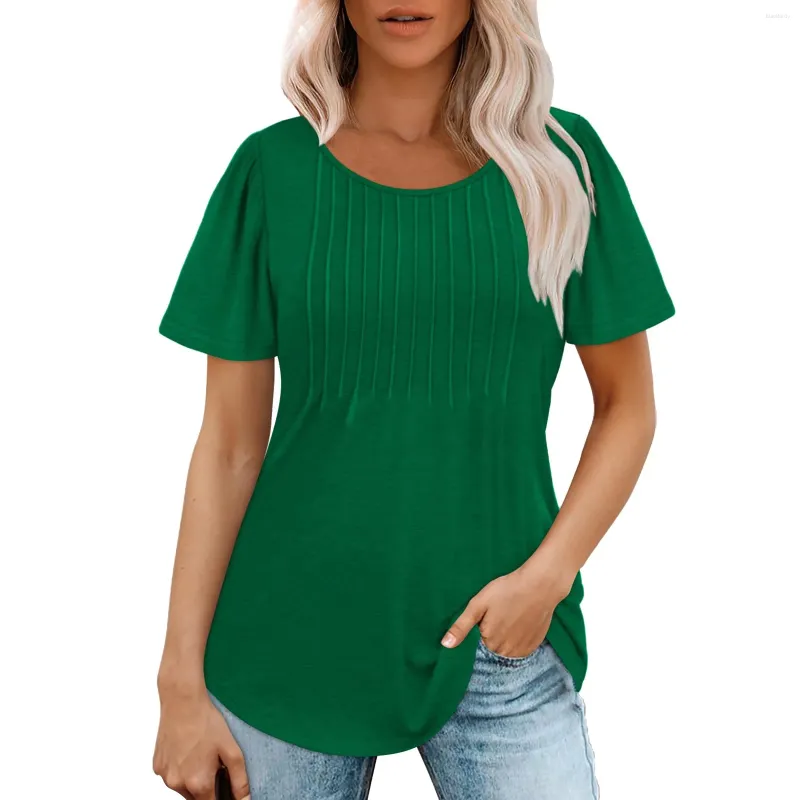 Damen-T-Shirts, Damen-T-Shirt, einfarbig, Rundhalsausschnitt, süßes T-Shirt, kurzärmelig, plissiert, elegant, lässig, U-Ausschnitt, Top, modische Bluse 2024