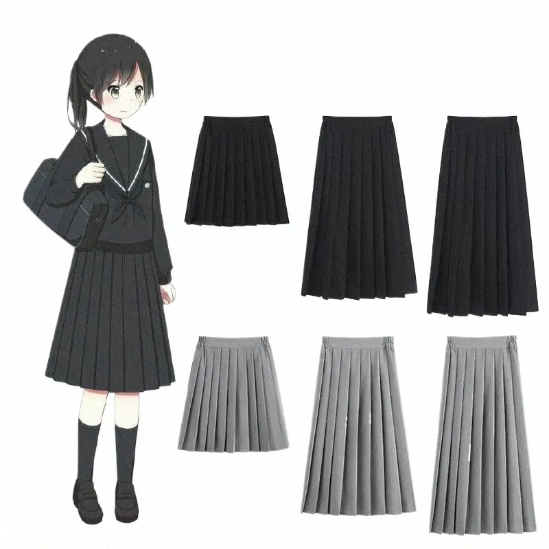 Japanische Schuluniformen für Mädchen Einfarbiger Faltenanzug Schwarz Grau High School Student Girls Academy Style Bottoms G8qu #