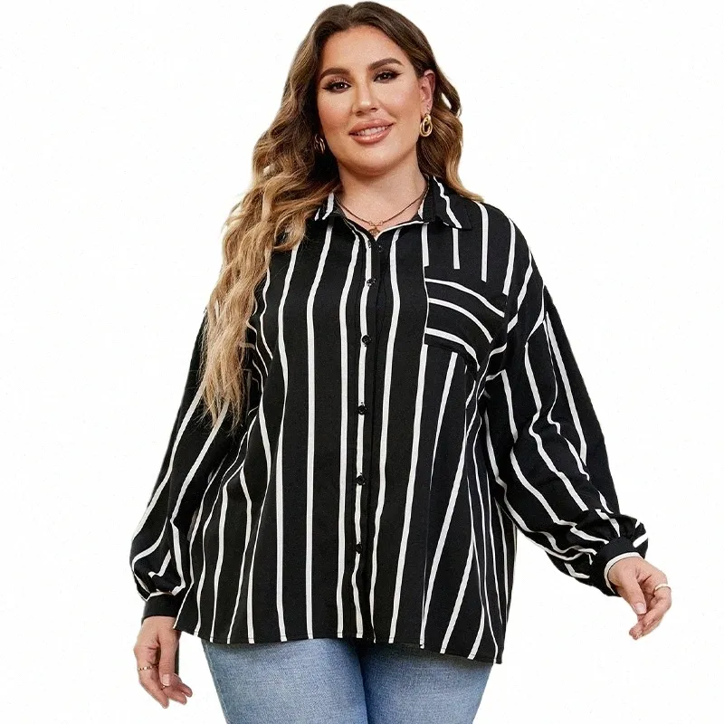 Keby ZJ Spring Autumn Women Plus Size Size Striped Design Shirt fi lg Sleeves Ladiesスリムカジュアルブラウス