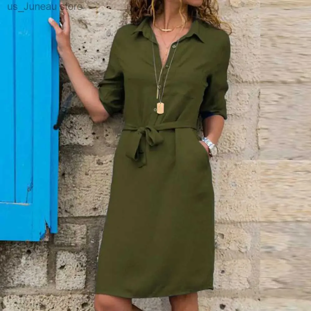 Grundläggande avslappnade klänningar Jocoo Jol Shirt Dress Women Turn-Down Collar Sashes Kn-Length Dress Casual PSrty Dress Overized Loose Dress Vestidos Robe T240330