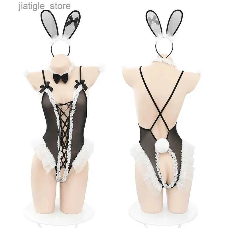 Sexig uppsättning söt bunny girl cosplay costumes womens underkläder spets sexig bodysuit ruffles bandage ihålig kanin uniform underkläder för sex 18 y240329