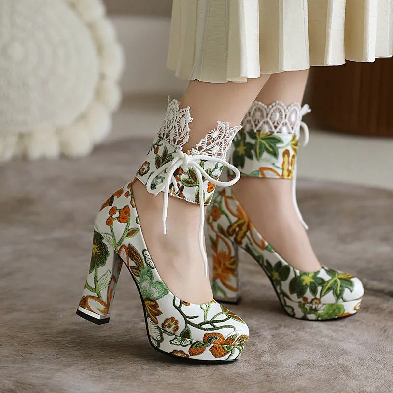 Save Big on Bulk Wedding Shoes Embroidered Closed Toe Wedding Heels:  Embroidered Floral Print High Heels, Retro Thick Heel Lace Up Wedding Shoes  For