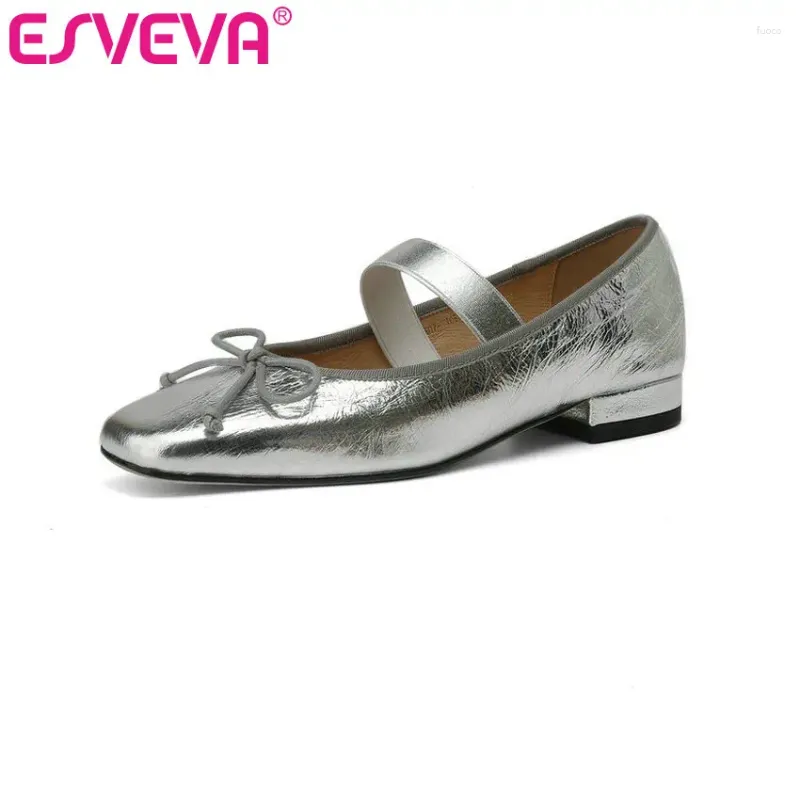 Casual Schuhe ESVEVA 2024 Süße Stil Frauen Low Heels Echtes Leder Weiche Karree Frau Mary Janes Größe 34-40