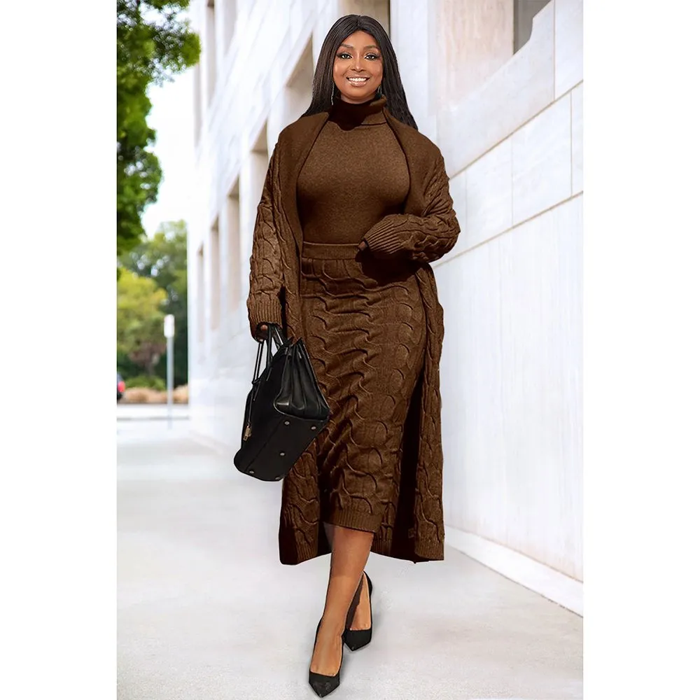 DHgate Ribbed Knit Cable Knit Plus Size Two Piece Skirt Set Versatile Brown Skirt and Top Apparel