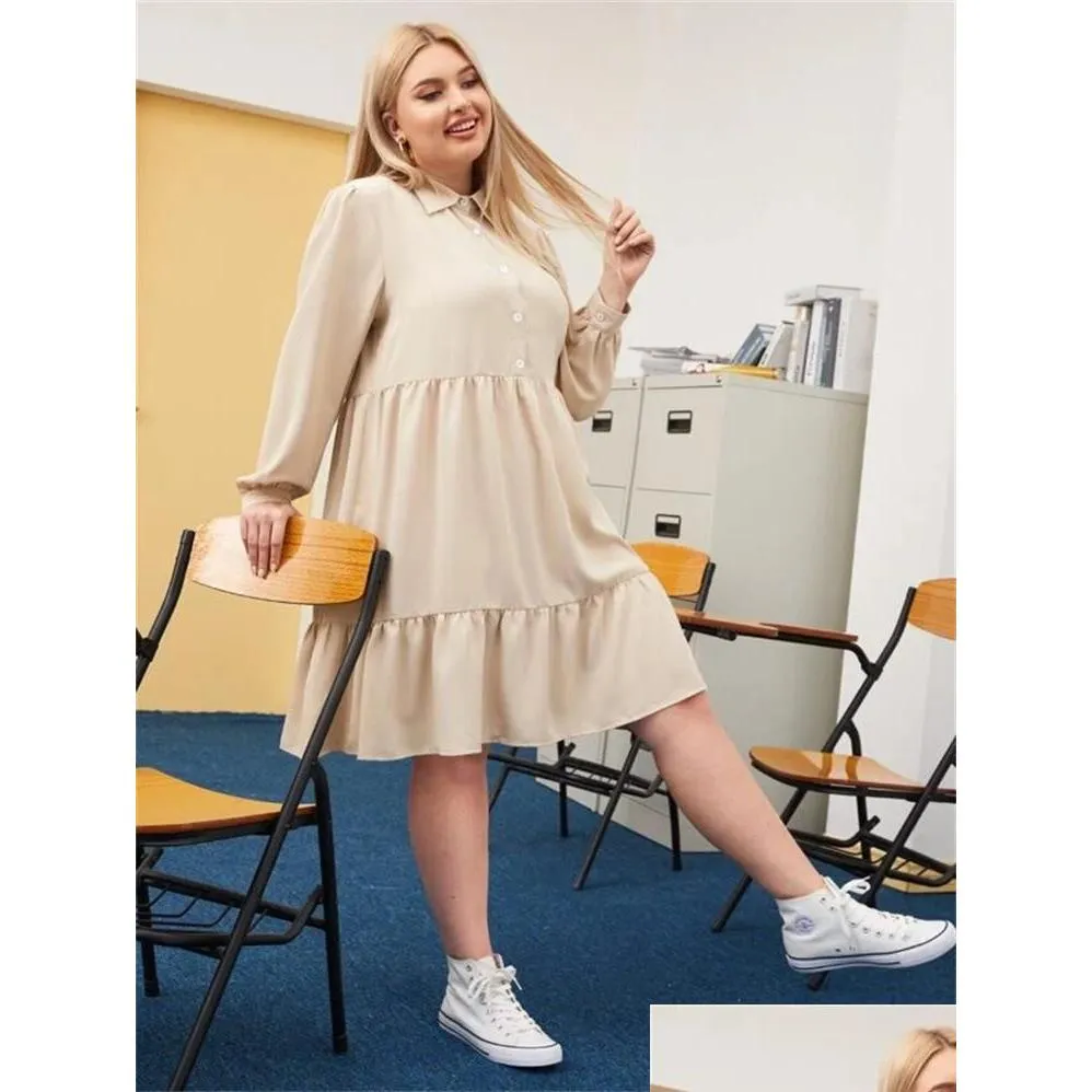 Plus Size Vestidos Curva Camisa Vestido Mulheres Verão Turn Down Collar Manga Longa Sólida Casual Solta Grande Midi Vestidos Plus Drop Delivery Ot1ql