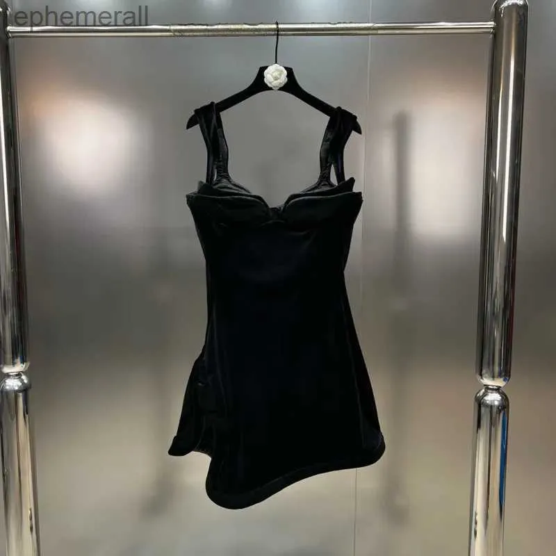 Robes Sexy urbaines PREPOMP 2024 printemps nouvelle Collection sans manches col carré en velours en détresse mince noir robe courte femmes GP122 yq240330