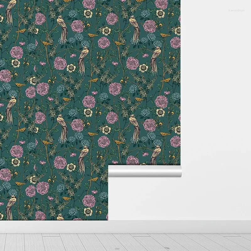 Wallpapers Retro Green Leaf Pink Flower Wallpaper Classic Peel And Stick Waterproof Dark PVC Vintage Living Room Decor