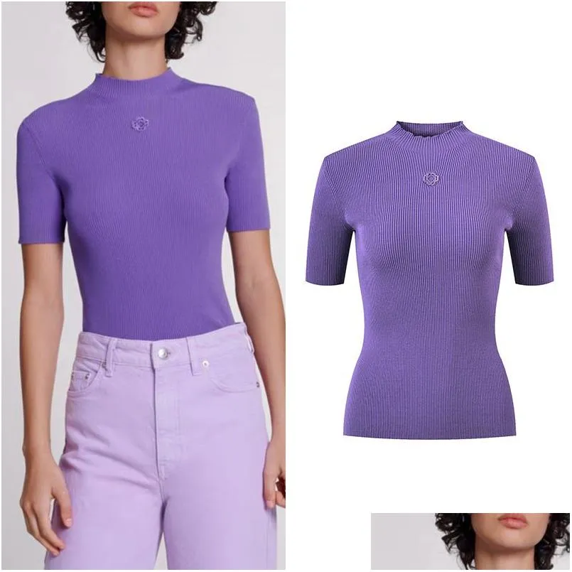 Women Sweters 3019 2024 Runway Spring Summer Marka w tym samym stylu Purple Crew Szyjka z krótkim rękawem