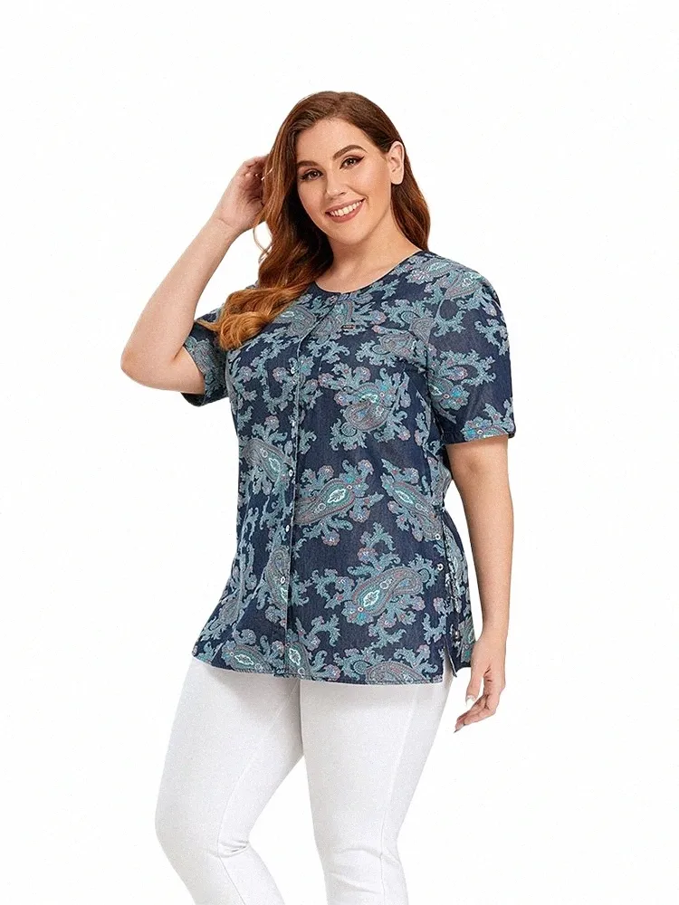 lih HUA Blouse Plus Size Denim Shirt Summer Casual Short Sleeve Belt Fi Print Woven Shirt d44N#
